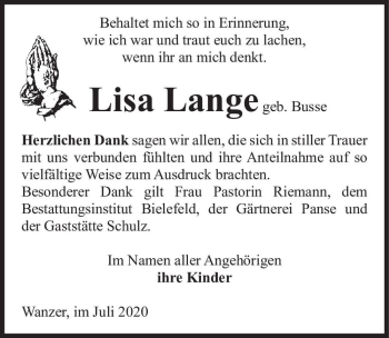 Traueranzeige von Lisa Lange (geb. Busse)  von Magdeburger Volksstimme