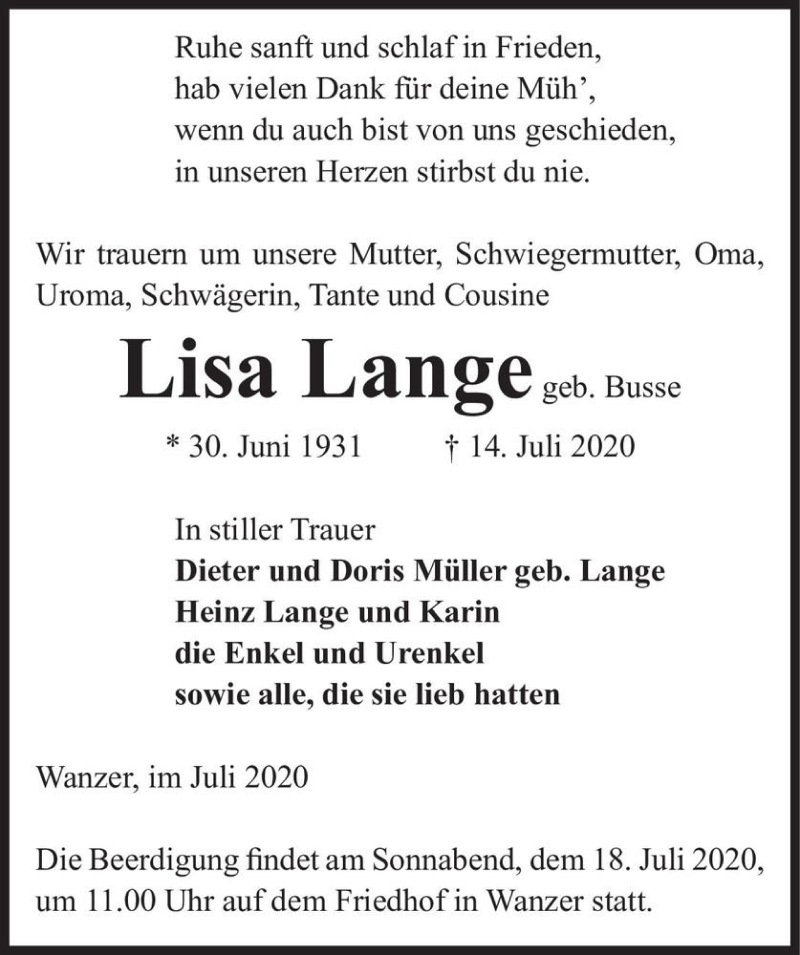  Traueranzeige für Lisa Lange (geb. Busse)  vom 16.07.2020 aus Magdeburger Volksstimme
