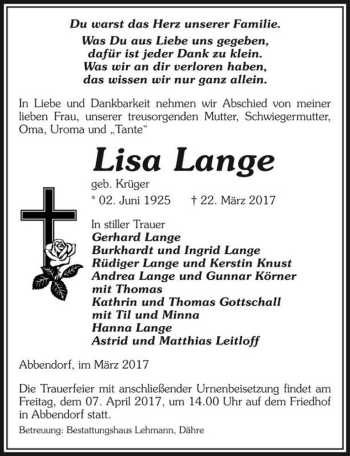 Traueranzeige von Lisa Lange (geb. Krüger)  von Magdeburger Volksstimme