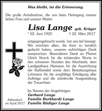 Traueranzeige von Lisa Lange (geb. Krüger)  von Magdeburger Volksstimme