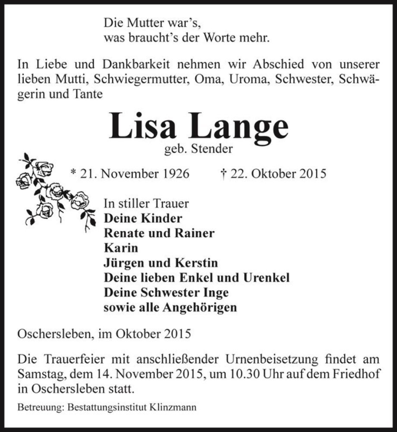  Traueranzeige für Lisa Lange (geb. Stender)  vom 27.10.2015 aus Magdeburger Volksstimme