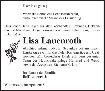 Traueranzeige von Lisa Lauenroth  von Magdeburger Volksstimme
