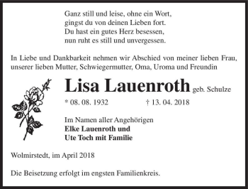 Traueranzeige von Lisa Lauenroth (geb. Schulze)  von Magdeburger Volksstimme