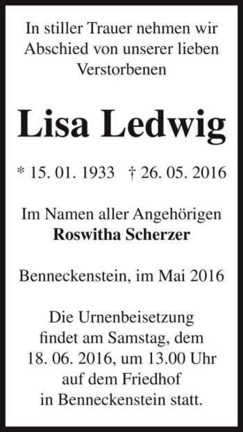 Traueranzeige von Lisa Ledwig  von Magdeburger Volksstimme
