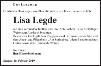 Traueranzeige von Lisa Legde  von Magdeburger Volksstimme