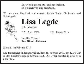 Traueranzeige von Lisa Legde (geb. Schwerin)  von Magdeburger Volksstimme