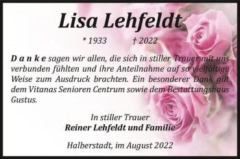 Traueranzeige von Lisa Lehfeldt  von Magdeburger Volksstimme