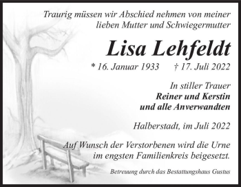 Traueranzeige von Lisa Lehfeldt  von Magdeburger Volksstimme