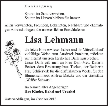 Traueranzeige von Lisa Lehmann  von Magdeburger Volksstimme