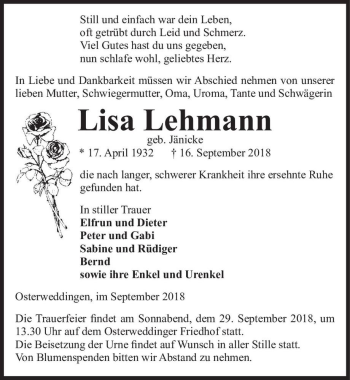 Traueranzeige von Lisa Lehmann (geb. Jänicke)  von Magdeburger Volksstimme