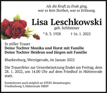 Traueranzeige von Lisa Leschkowski (geb. Schlimmer)  von Magdeburger Volksstimme