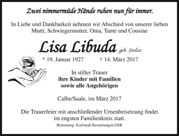 Traueranzeige von Lisa Libuda (geb. Stolze)  von Magdeburger Volksstimme