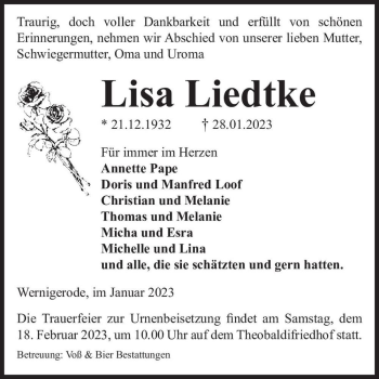 Traueranzeige von Lisa Liedtke  von Magdeburger Volksstimme
