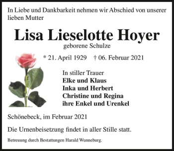 Traueranzeige von Lisa Lieselotte Hoyer (geb. Schulze)  von Magdeburger Volksstimme