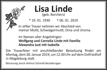 Traueranzeige von Lisa Linde (geb. Borchers)  von Magdeburger Volksstimme
