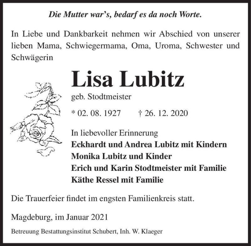  Traueranzeige für Lisa Lubitz (geb. Stodtmeister)  vom 09.01.2021 aus Magdeburger Volksstimme