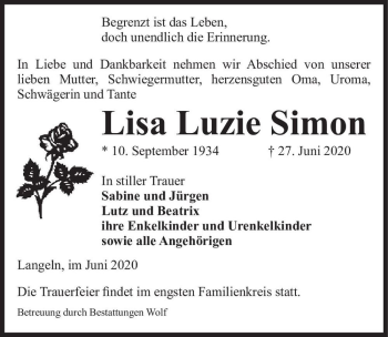 Traueranzeige von Lisa Luzie Simon  von Magdeburger Volksstimme
