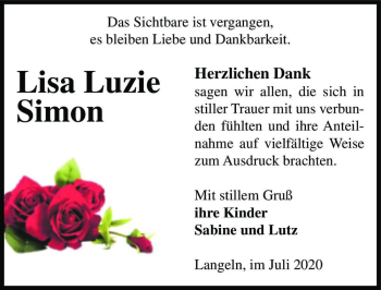 Traueranzeige von Lisa Luzie Simon  von Magdeburger Volksstimme