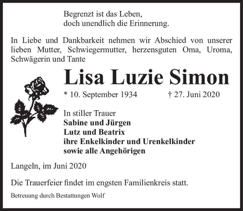  Traueranzeige für Lisa Luzie Simon  vom 04.07.2020 aus Magdeburger Volksstimme