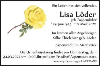 Traueranzeige von Lisa Löder (geb. Poppendicker)  von Magdeburger Volksstimme