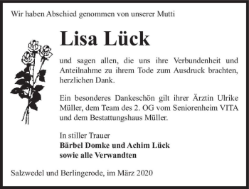 Traueranzeige von Lisa Lück  von Magdeburger Volksstimme