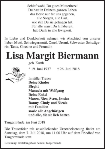 Traueranzeige von Lisa Margit Biermann (geb. Kurth)  von Magdeburger Volksstimme