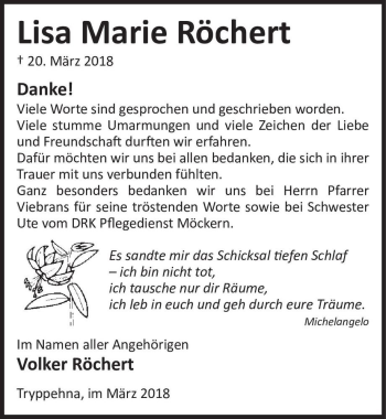 Traueranzeige von Lisa Marie Röchert  von Magdeburger Volksstimme