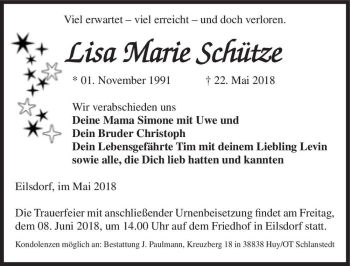 Traueranzeige von Lisa Marie Schütze  von Magdeburger Volksstimme