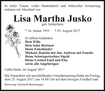 Traueranzeige von Lisa Martha Jusko (geb. Schierhorn)  von Magdeburger Volksstimme