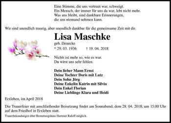 Traueranzeige von Lisa Maschke (geb. Denecke)  von Magdeburger Volksstimme