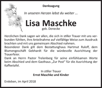 Traueranzeige von Lisa Maschke (geb. Denecke)  von Magdeburger Volksstimme