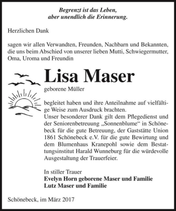 Traueranzeige von Lisa Maser (geb. Müller)  von Magdeburger Volksstimme