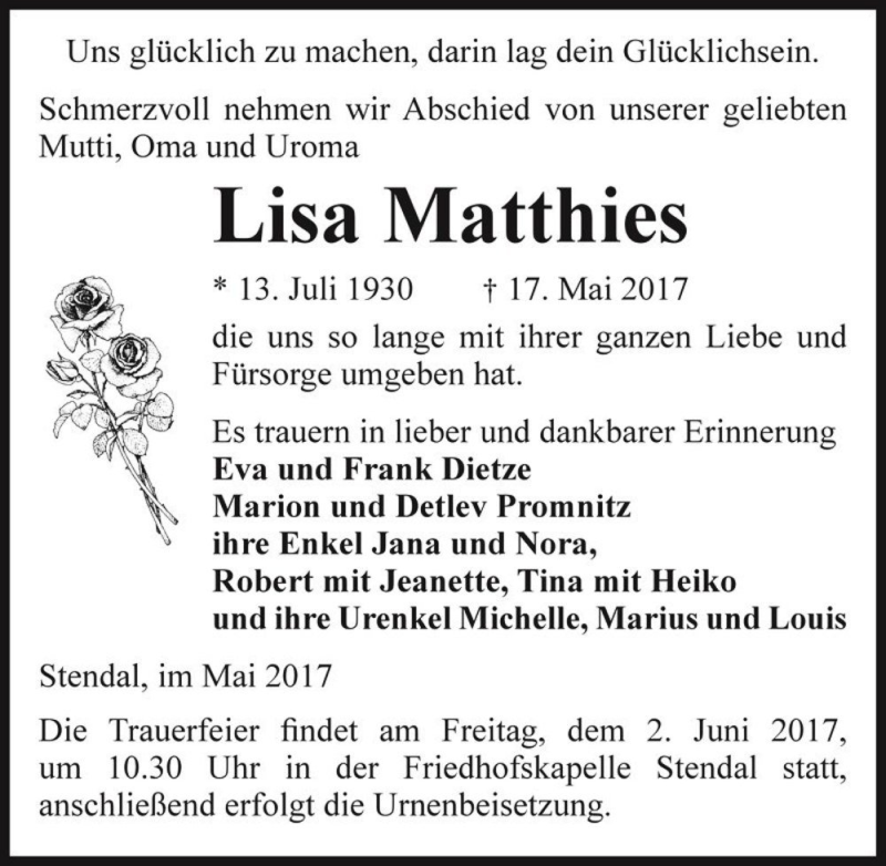  Traueranzeige für Lisa Matthies  vom 26.05.2017 aus Magdeburger Volksstimme