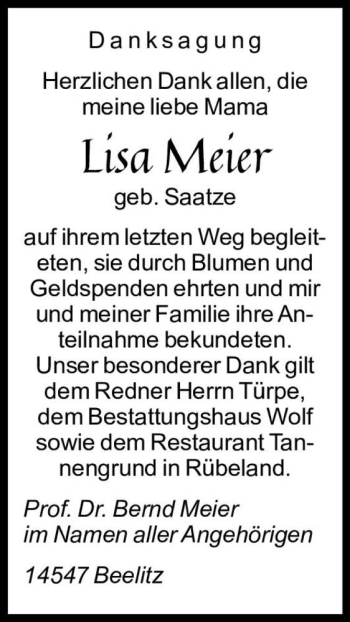 Traueranzeige von Lisa Meier (geb. Saatze)  von Magdeburger Volksstimme