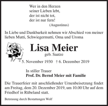 Traueranzeige von Lisa Meier (geb. Saatze)  von Magdeburger Volksstimme