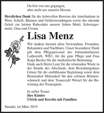 Traueranzeige von Lisa Menz  von Magdeburger Volksstimme