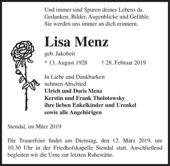 Traueranzeige von Lisa Menz (geb. Jakobeit)  von Magdeburger Volksstimme