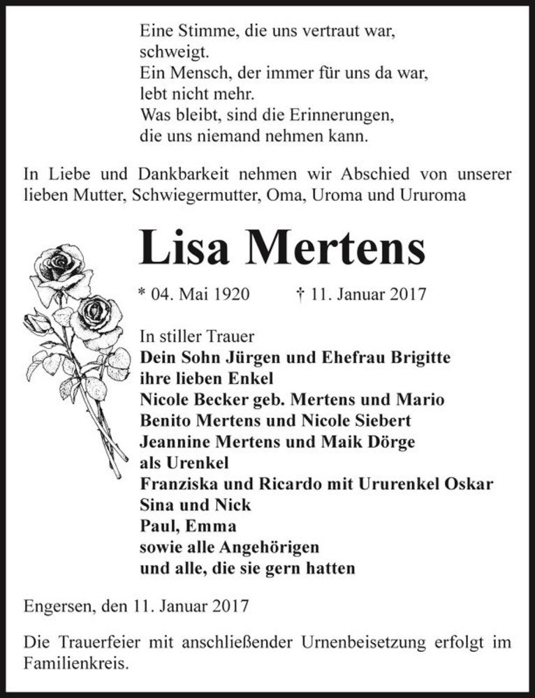  Traueranzeige für Lisa Mertens  vom 13.01.2017 aus Magdeburger Volksstimme