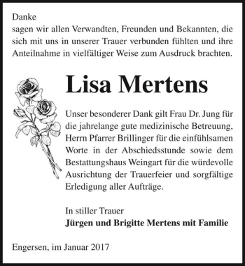 Traueranzeige von Lisa Mertens  von Magdeburger Volksstimme