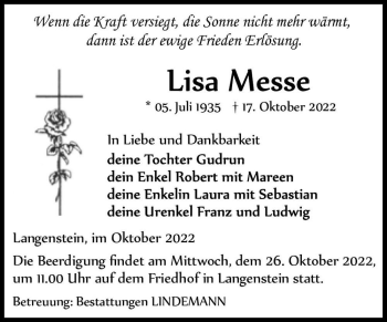 Traueranzeige von Lisa Messe  von Magdeburger Volksstimme