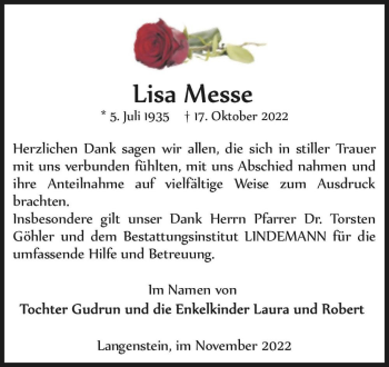 Traueranzeige von Lisa Messe  von Magdeburger Volksstimme