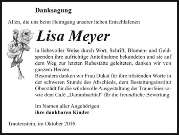 Traueranzeige von Lisa Meyer  von Magdeburger Volksstimme