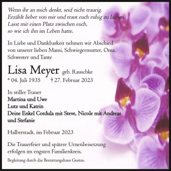 Traueranzeige von Lisa Meyer (geb. Rauschke)  von Magdeburger Volksstimme