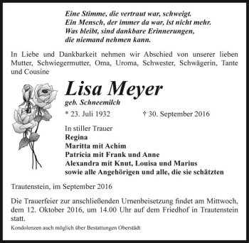 Traueranzeige von Lisa Meyer (geb. Schneemilch)  von Magdeburger Volksstimme
