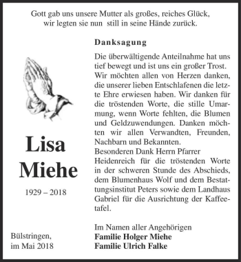 Traueranzeige von Lisa Miehe  von Magdeburger Volksstimme