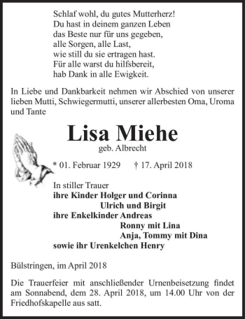 Traueranzeige von Lisa Miehe (geb. Albrecht)  von Magdeburger Volksstimme