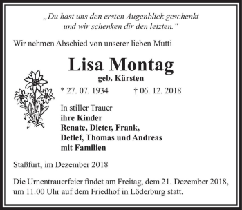Traueranzeige von Lisa Montag (geb. Kürsten)  von Magdeburger Volksstimme