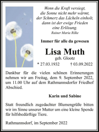 Traueranzeige von Lisa Muth (geb. Glootz)  von Magdeburger Volksstimme