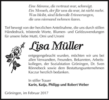 Traueranzeige von Lisa Müller  von Magdeburger Volksstimme