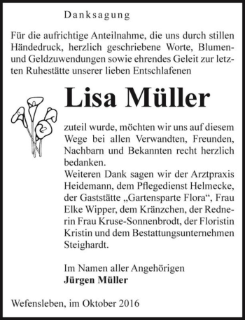 Traueranzeige von Lisa Müller  von Magdeburger Volksstimme
